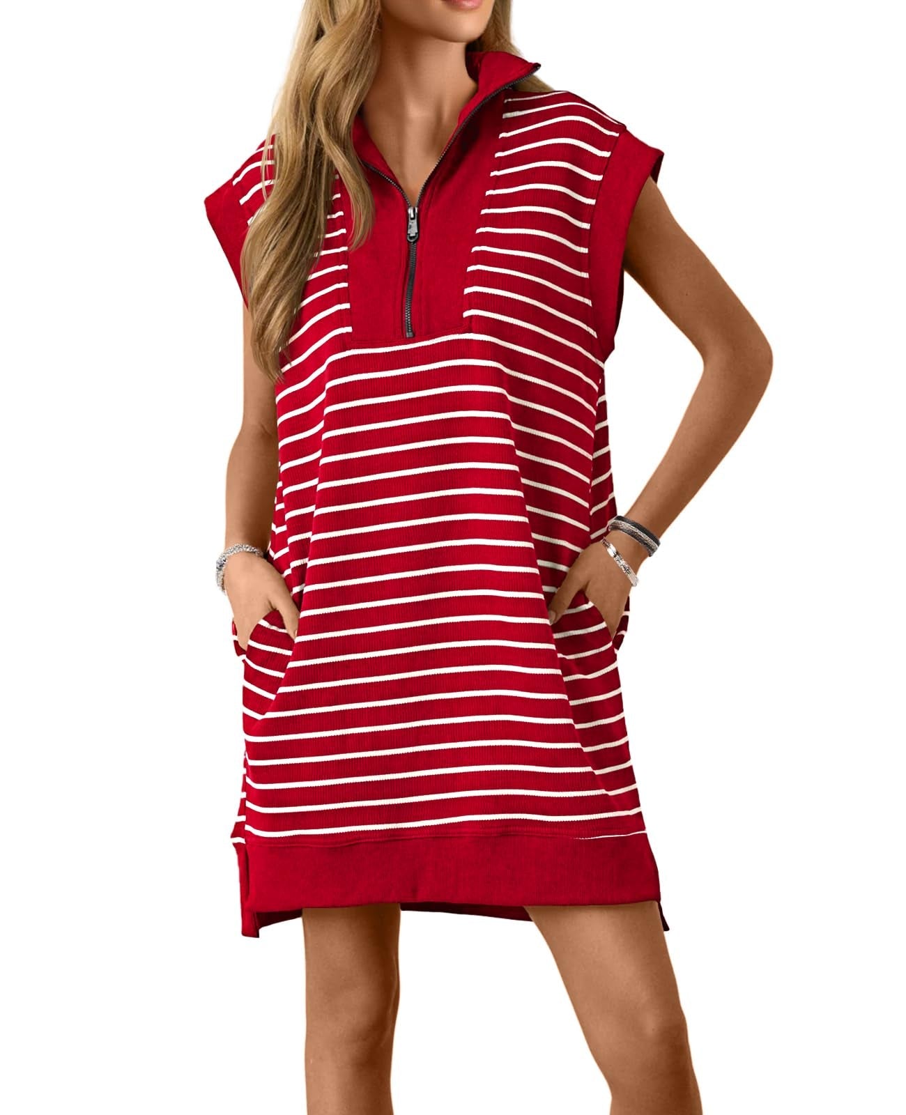 Women's Striped Casual Zipper Cap Sleeve Mini Dress