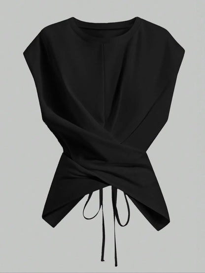 Women's Cap Sleeve Tie Back Cinched Waist Wrap Top