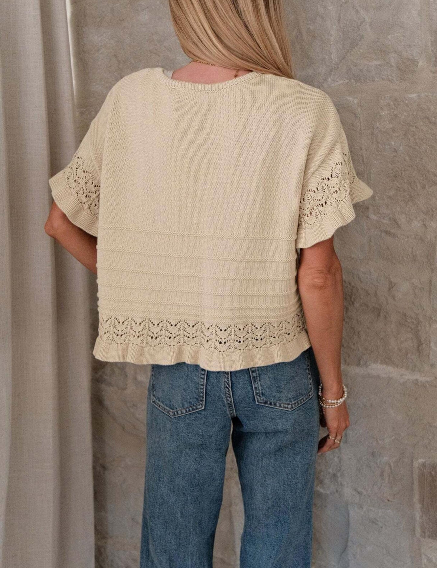 Women's Round Neck Ruffled Hem Knit Pullover Top
