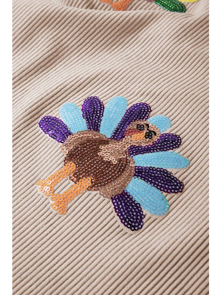 Sequin Turkey Patch Thanksgiving Corduroy Sweatshirt