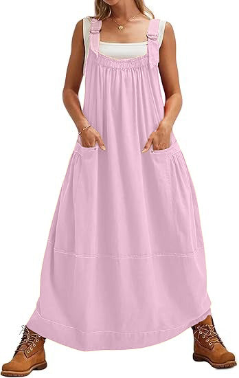 Women's Adjustable Shoulder Strap Loose Overall Dress with Pockets