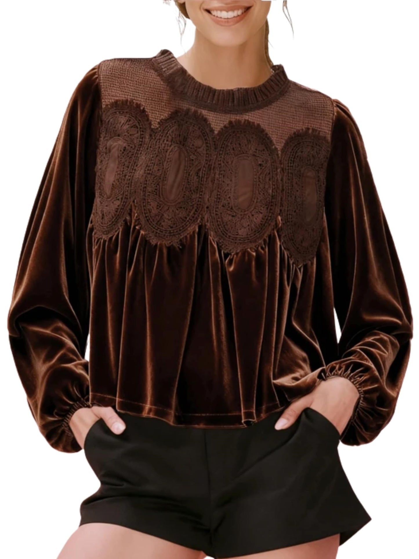 Women's Long Sleeve Velvet Trim Lace Blouse Elegant Flared Swing Top