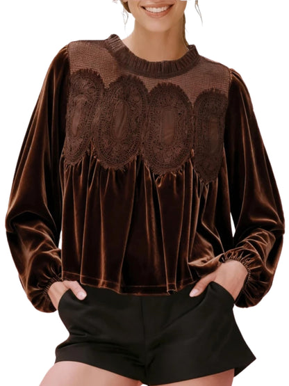 Women's Long Sleeve Velvet Trim Lace Blouse Elegant Flared Swing Top