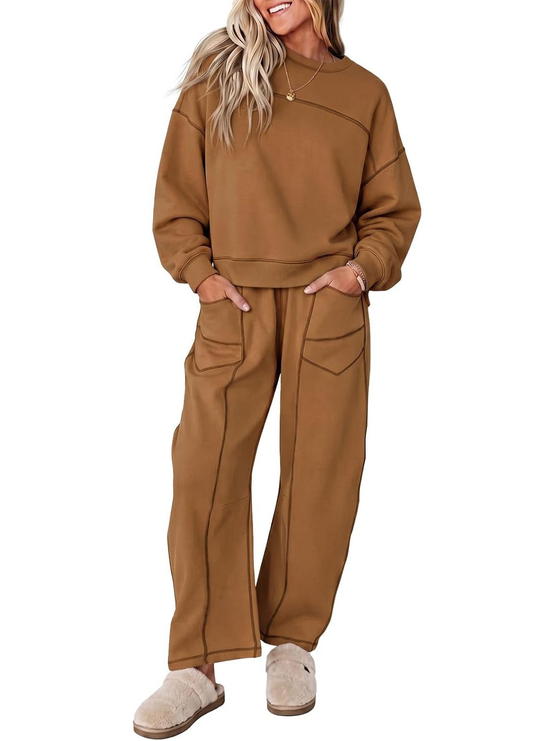 Womens 2 Piece Contrast Seams Tracksuit Set Casual Loungewear