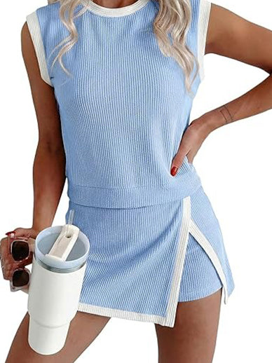 Womens Textured Rib Sleeveless Top and Wrap Skort Outfit Set