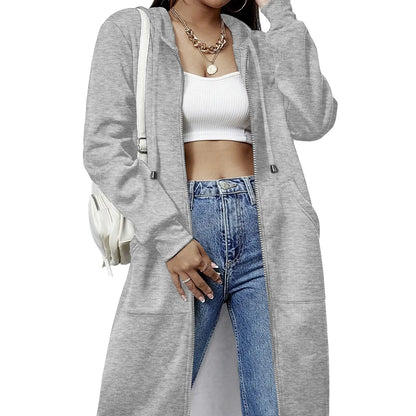 Women Oversized Full Zip Long Length Hooded Jacket with Side Pockets
