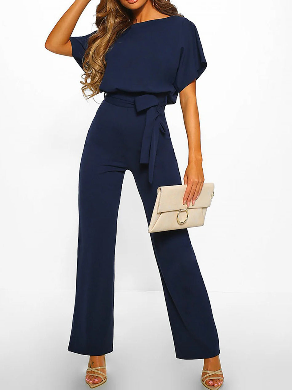 Women Crewneck Tie Waist Jumpsuit Wide Leg Pants