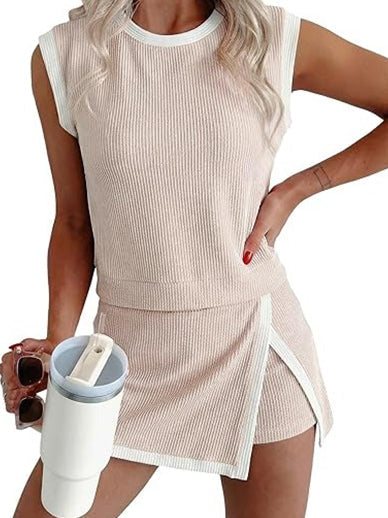 Womens Textured Rib Sleeveless Top and Wrap Skort Outfit Set