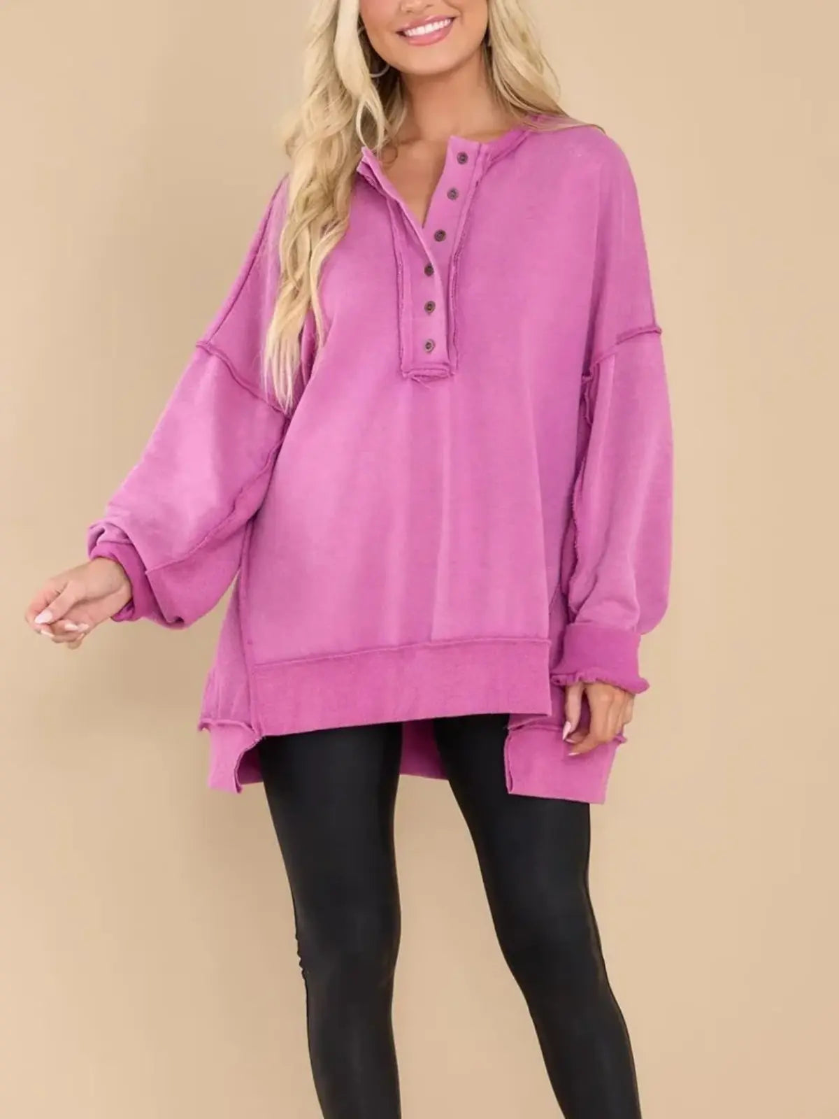 Women Oversized Casual Long Sleeve Button Henley Neck Pullover Tunic Tops