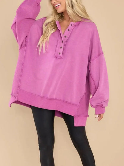Women Oversized Casual Long Sleeve Button Henley Neck Pullover Tunic Tops