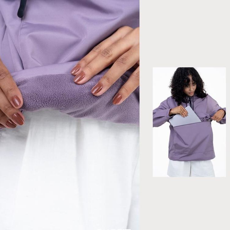 Fleece-lined Waterproof Raincoat Hoodie With Kangaroo Pocket