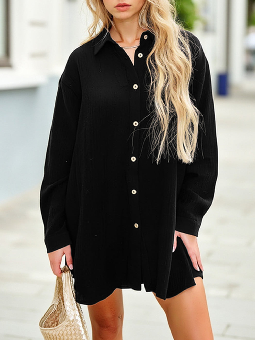 Women's Gauze Button Long-Sleeved and Shorts Set