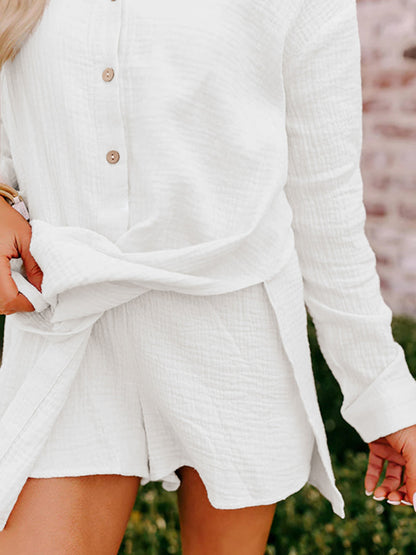 Women's Gauze Button Long-Sleeved and Shorts Set
