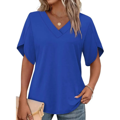 Women's Summer Short Petal Sleeve Fashion V Neck Outfits Tops