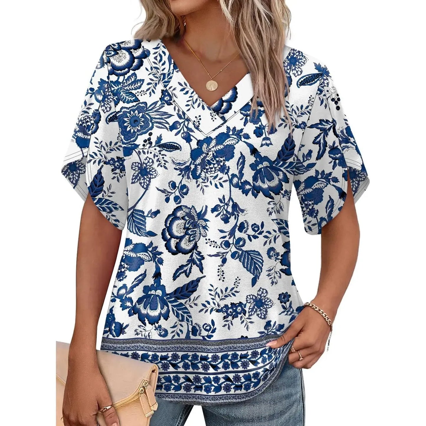 Women's Summer Short Petal Sleeve Fashion V Neck Outfits Tops