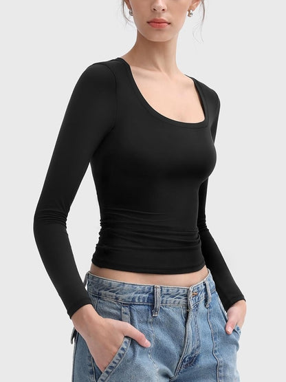 Womens Scoop Neck Long Sleeve Shirt Square Neck Basic Tees