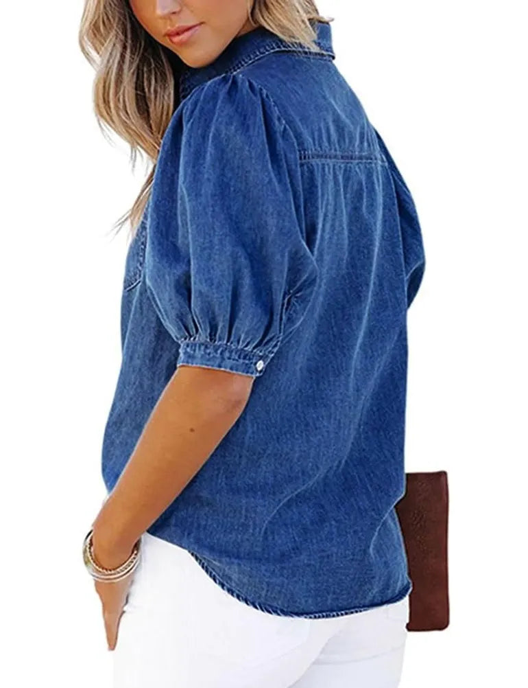Women's Casual Puff Sleeve Denim Button-Down Shirt Top