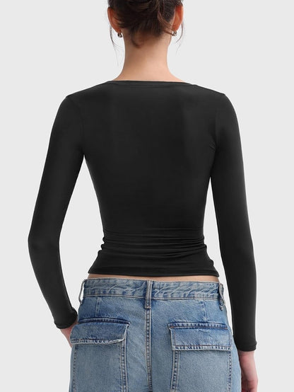 Womens Scoop Neck Long Sleeve Shirt Square Neck Basic Tees