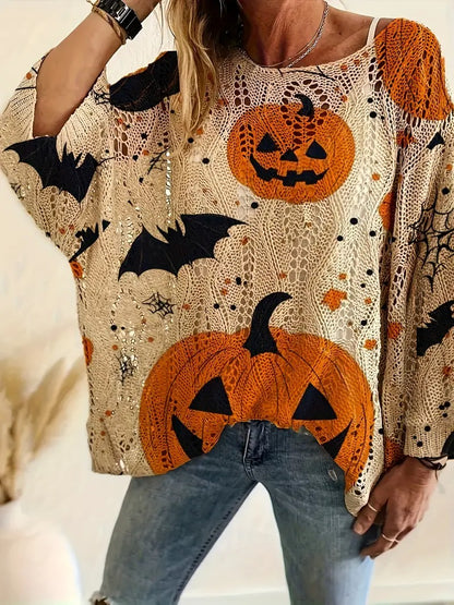 Halloween Crew Neck Pumpkin Loose Fit Long Sleeve Cutout Sweater