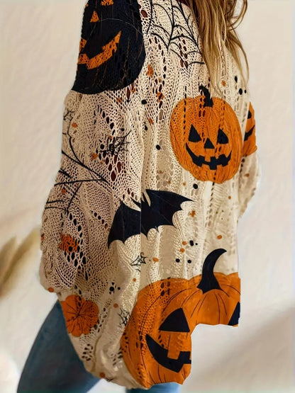 Halloween Crew Neck Pumpkin Loose Fit Long Sleeve Cutout Sweater