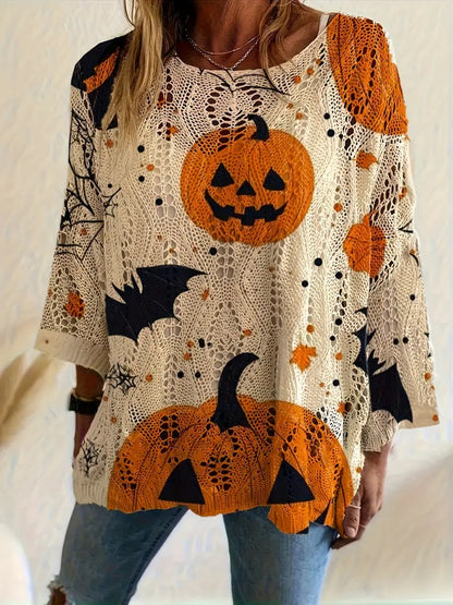 Halloween Crew Neck Pumpkin Loose Fit Long Sleeve Cutout Sweater