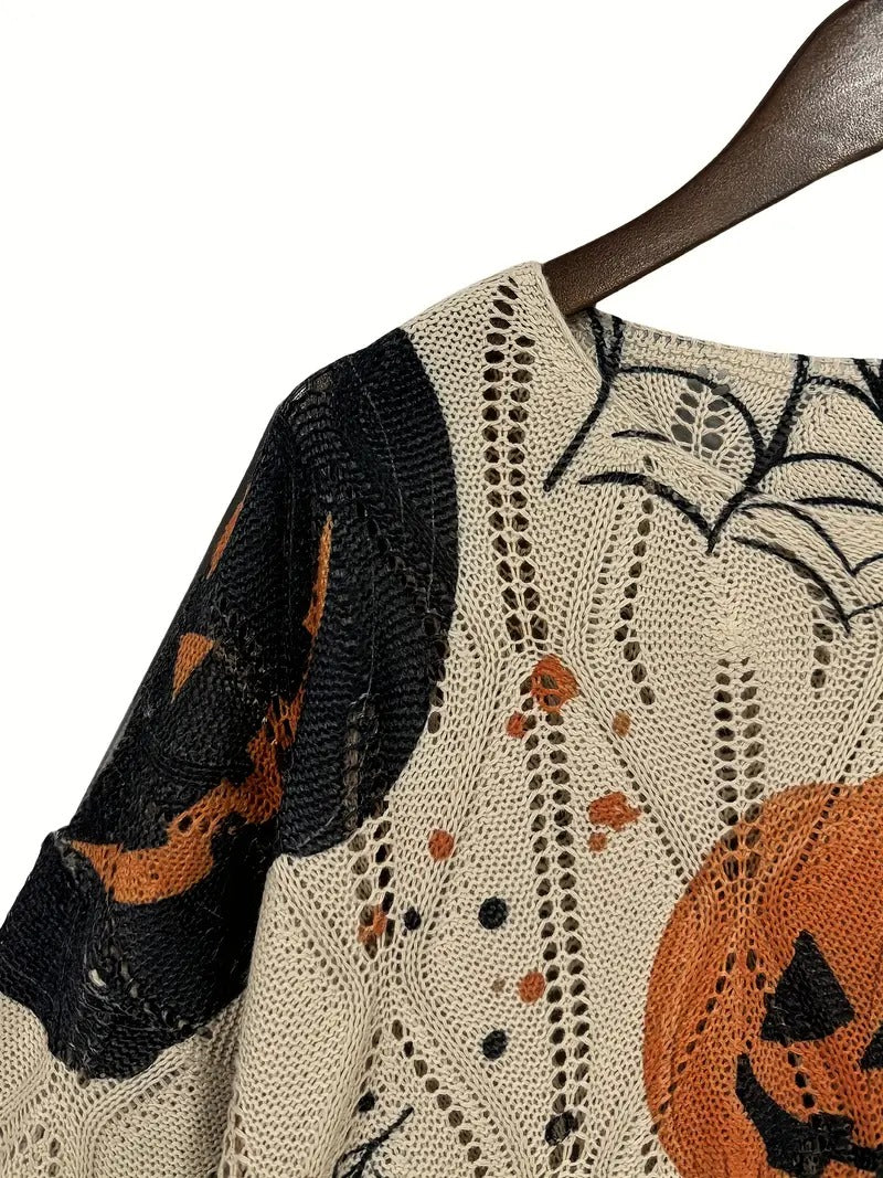 Halloween Crew Neck Pumpkin Loose Fit Long Sleeve Cutout Sweater