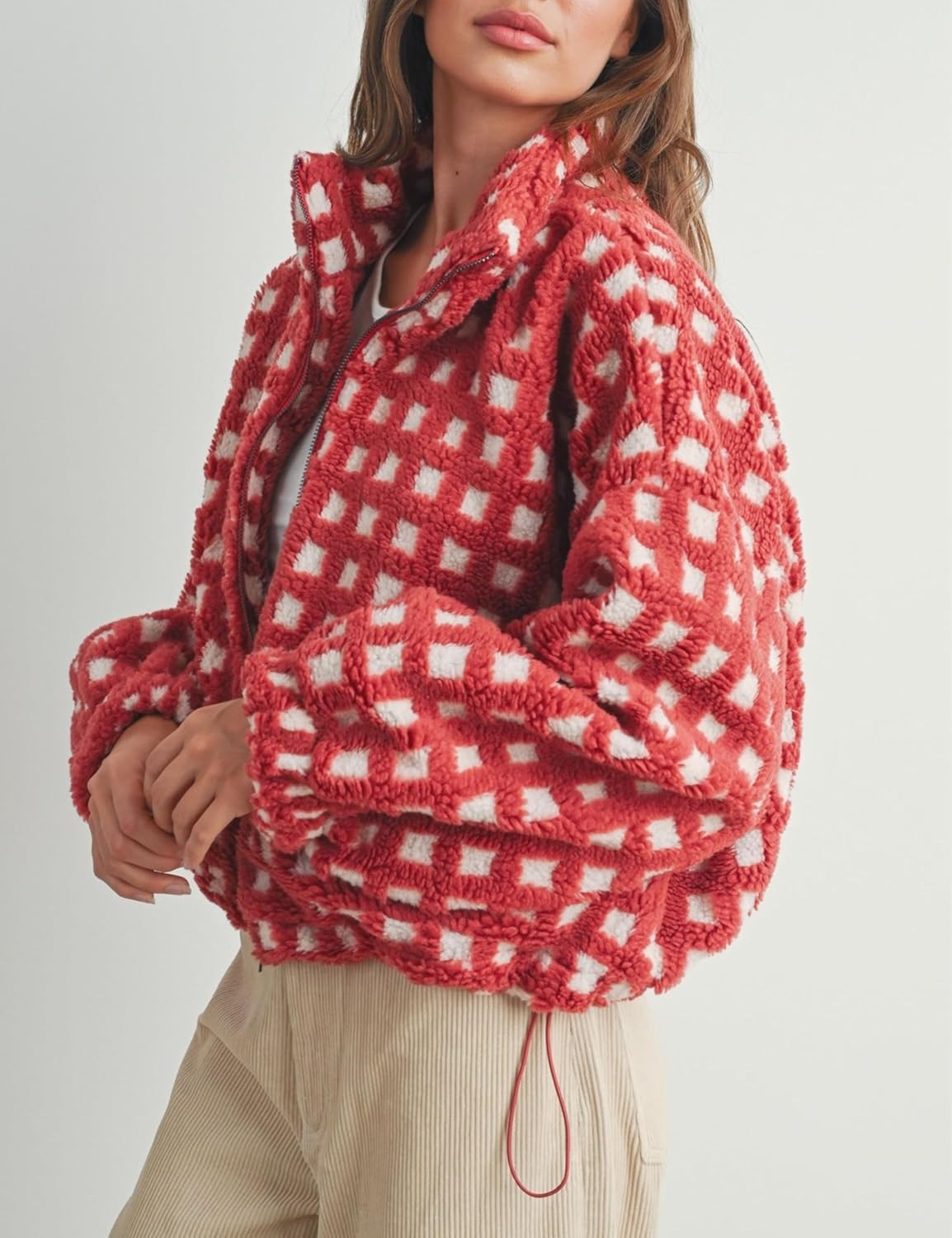 Women’s Cropped Sherpa Fleece Plaid Jacket Chunky Teddy Fleece Outerwear