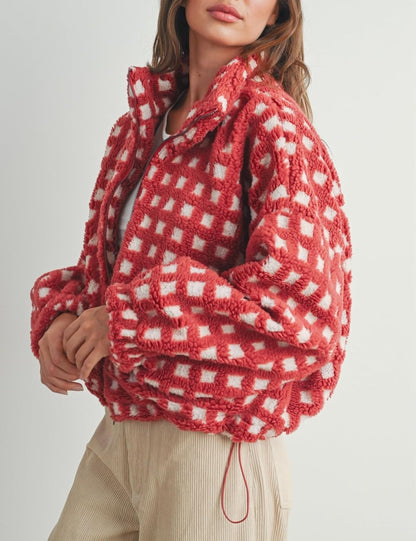 Women’s Cropped Sherpa Fleece Plaid Jacket Chunky Teddy Fleece Outerwear