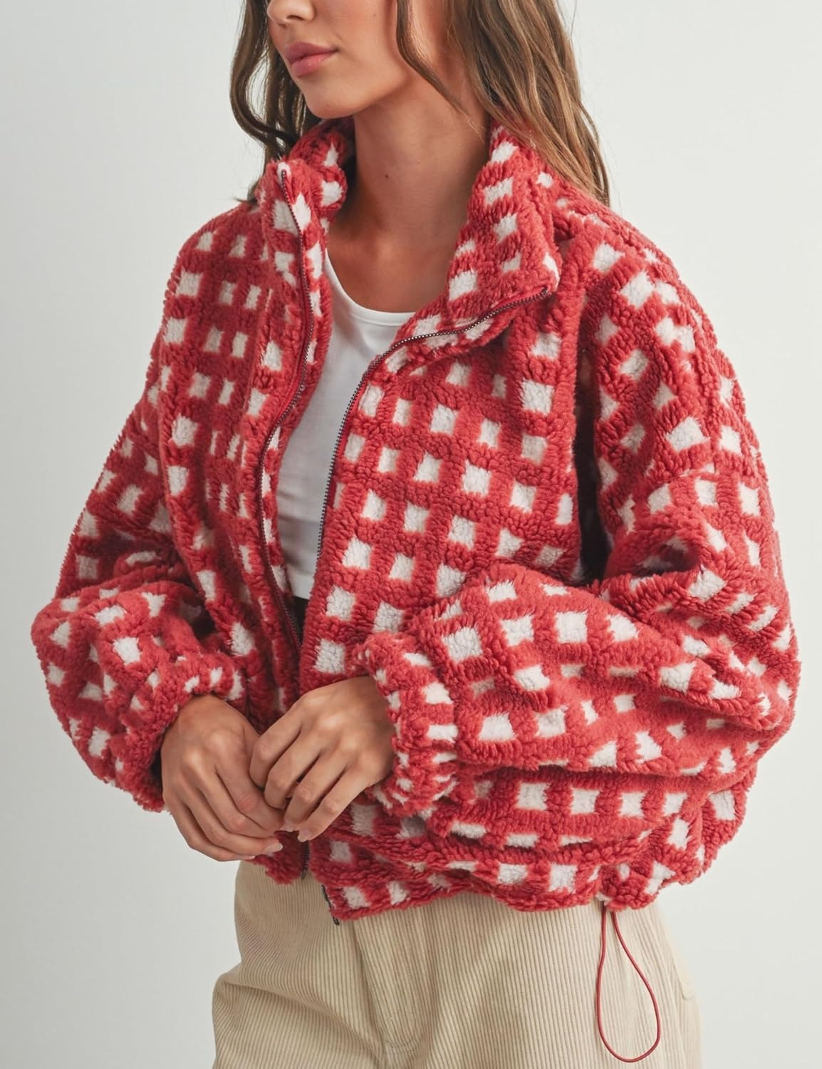 Women’s Cropped Sherpa Fleece Plaid Jacket Chunky Teddy Fleece Outerwear