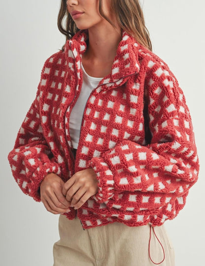 Women’s Cropped Sherpa Fleece Plaid Jacket Chunky Teddy Fleece Outerwear