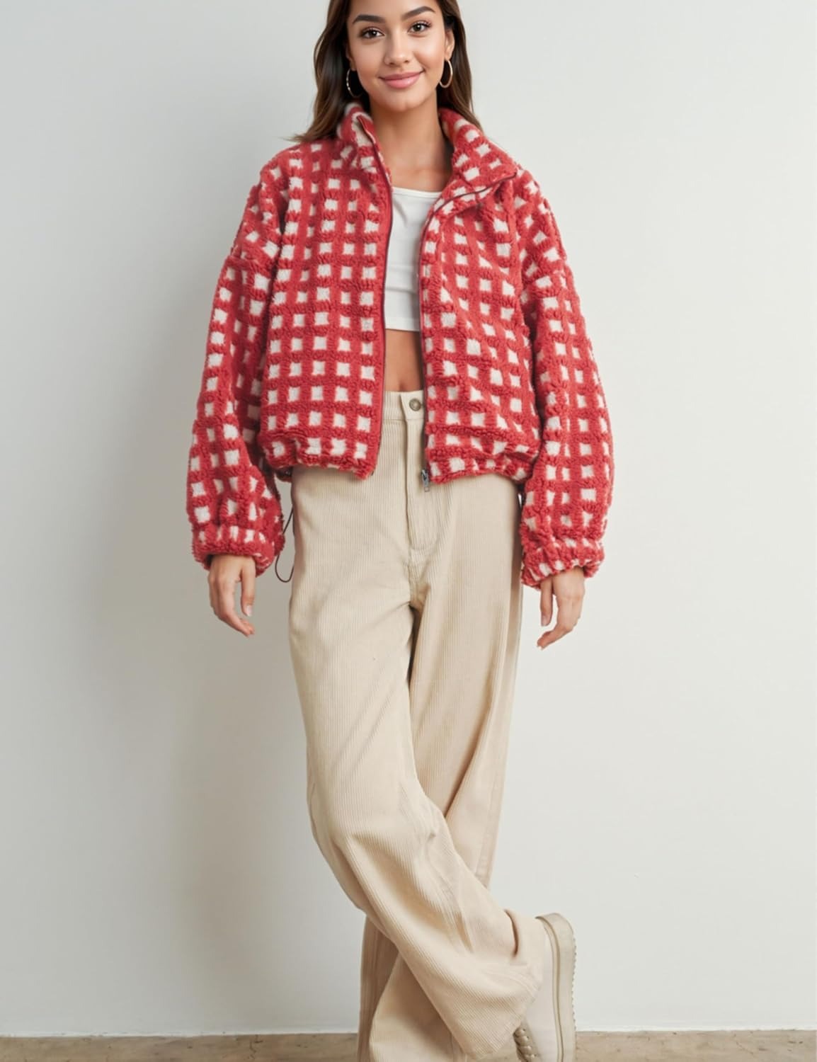 Women’s Cropped Sherpa Fleece Plaid Jacket Chunky Teddy Fleece Outerwear