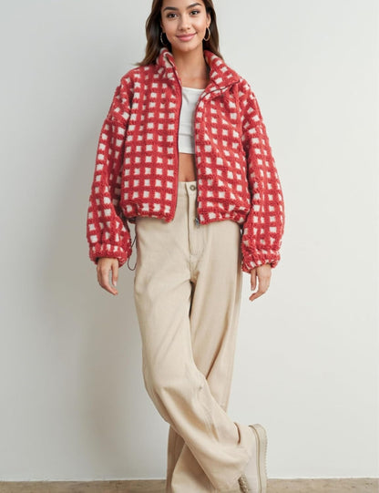 Women’s Cropped Sherpa Fleece Plaid Jacket Chunky Teddy Fleece Outerwear