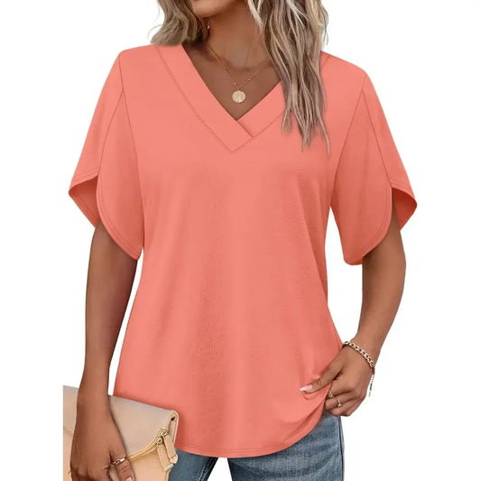 Women's Summer Short Petal Sleeve Fashion V Neck Outfits Tops