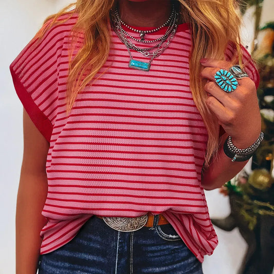 Women's Striped Ribbed Knitted Drop Shoulder Top