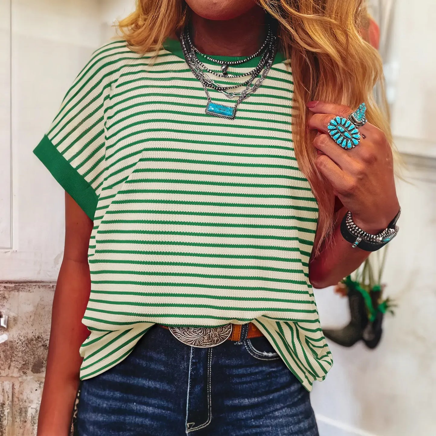 Women's Striped Ribbed Knitted Drop Shoulder Top