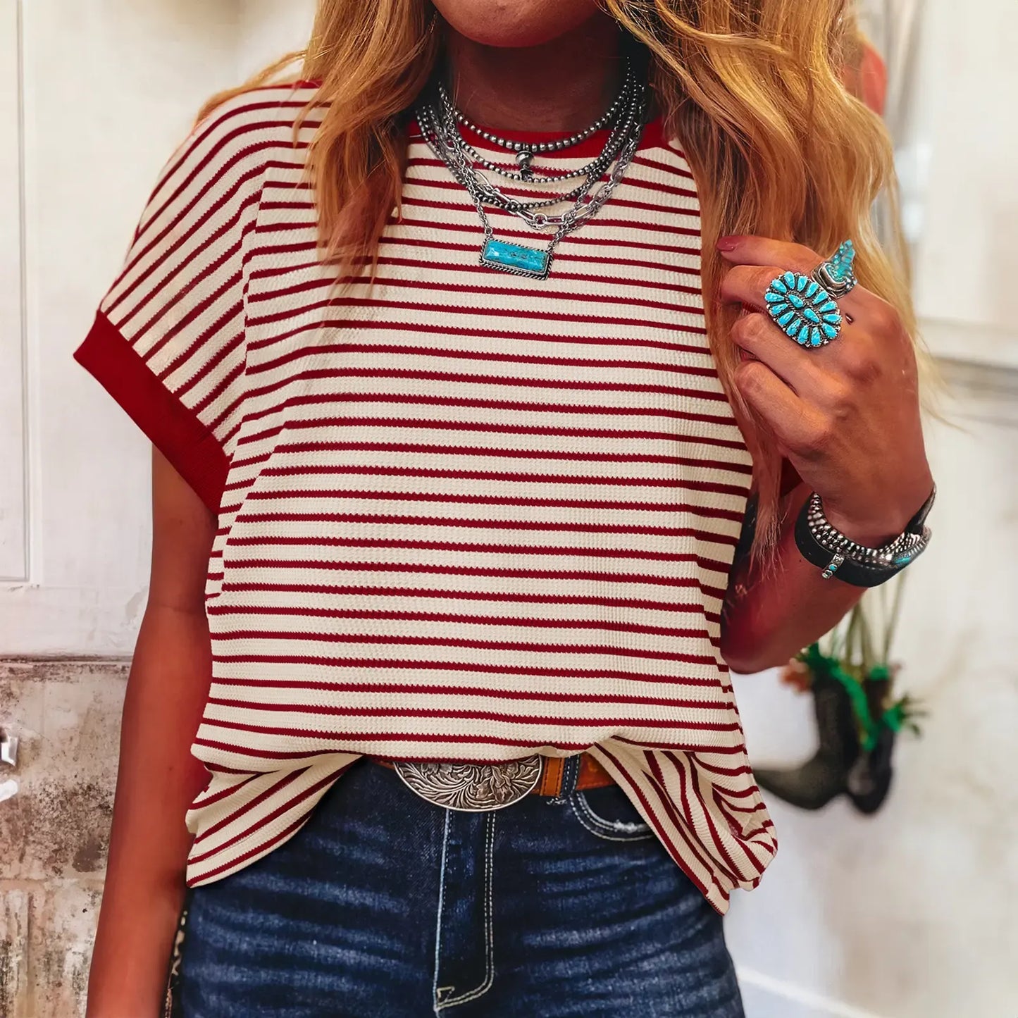 Women's Striped Ribbed Knitted Drop Shoulder Top