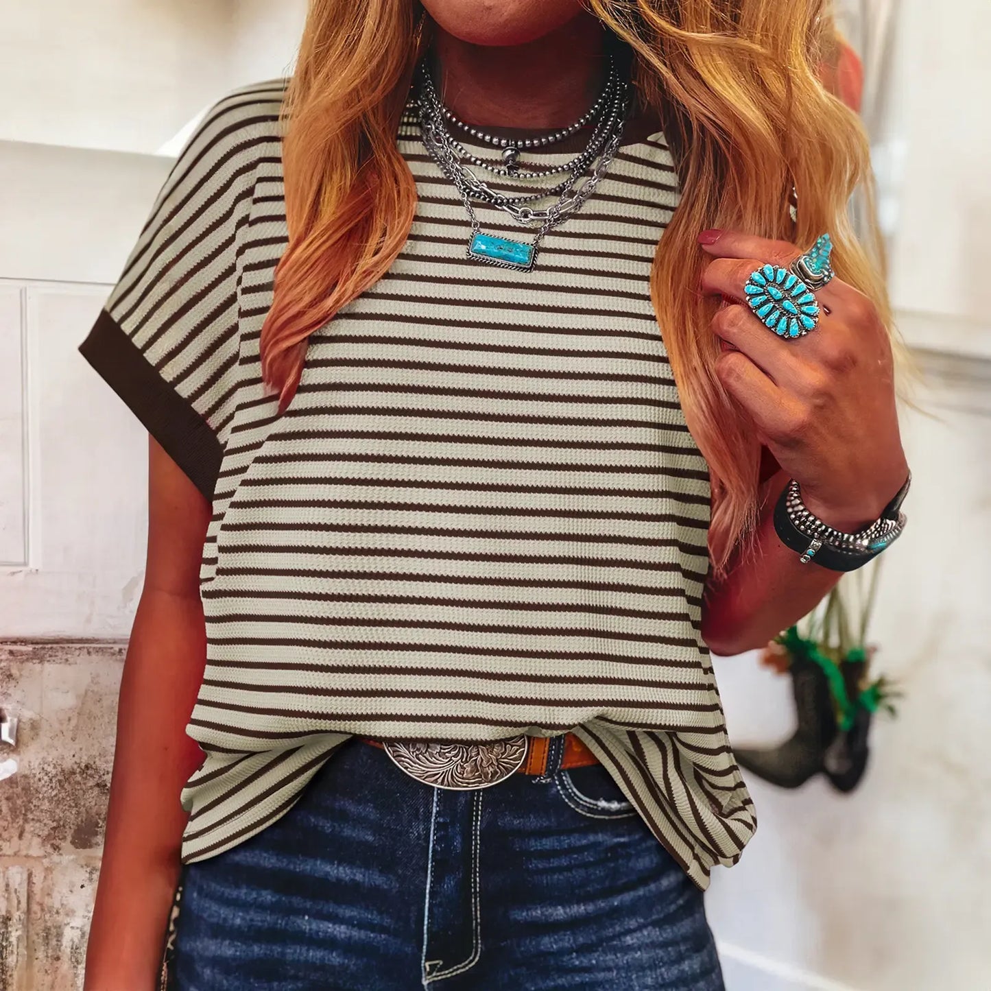 Women's Striped Ribbed Knitted Drop Shoulder Top