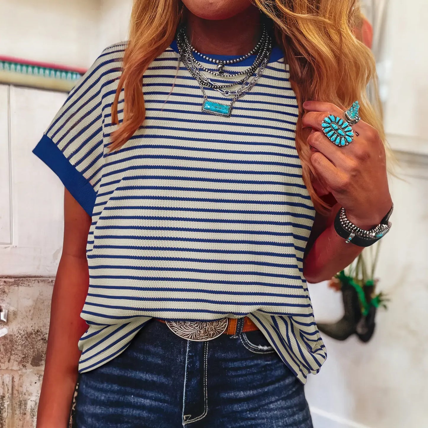 Women's Striped Ribbed Knitted Drop Shoulder Top
