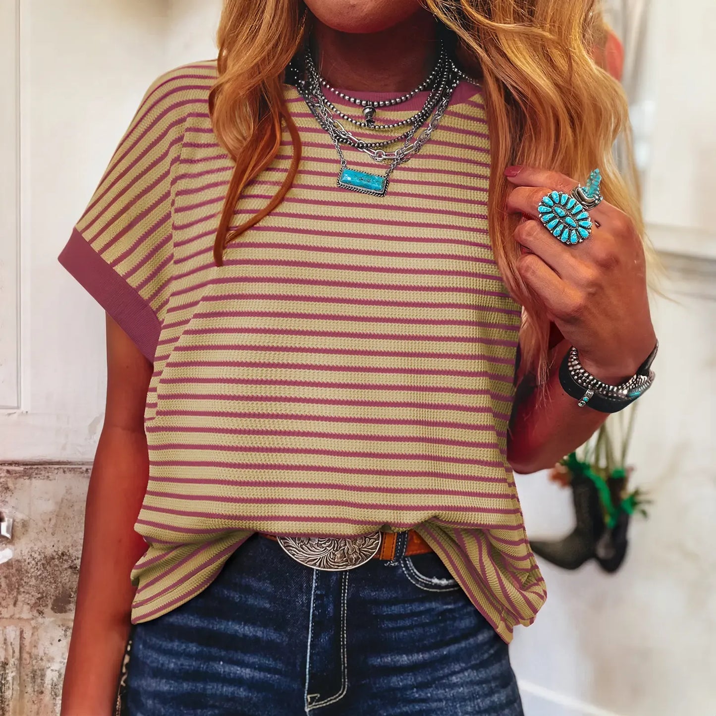 Women's Striped Ribbed Knitted Drop Shoulder Top
