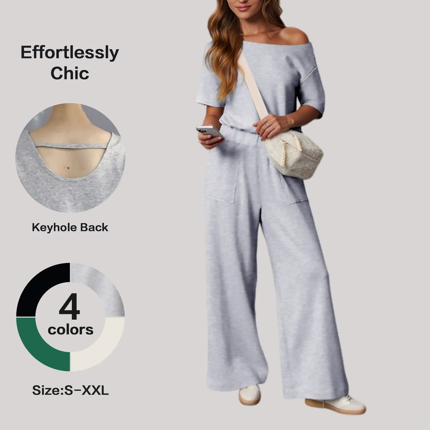 Women's Short Sleeve Back Cutout Casual Wide Leg Loose Fit One-Piece Jumpsuit