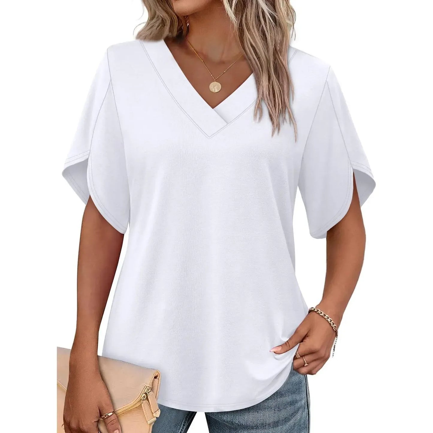 Women's Summer Short Petal Sleeve Fashion V Neck Outfits Tops