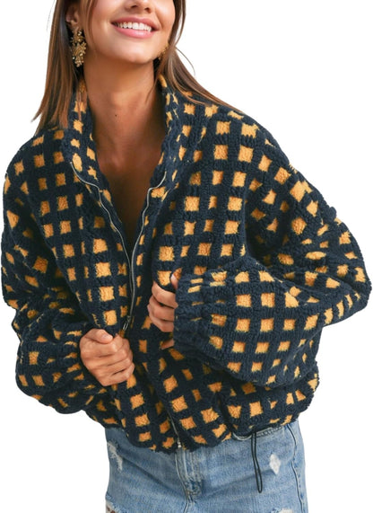 Women’s Cropped Sherpa Fleece Plaid Jacket Chunky Teddy Fleece Outerwear