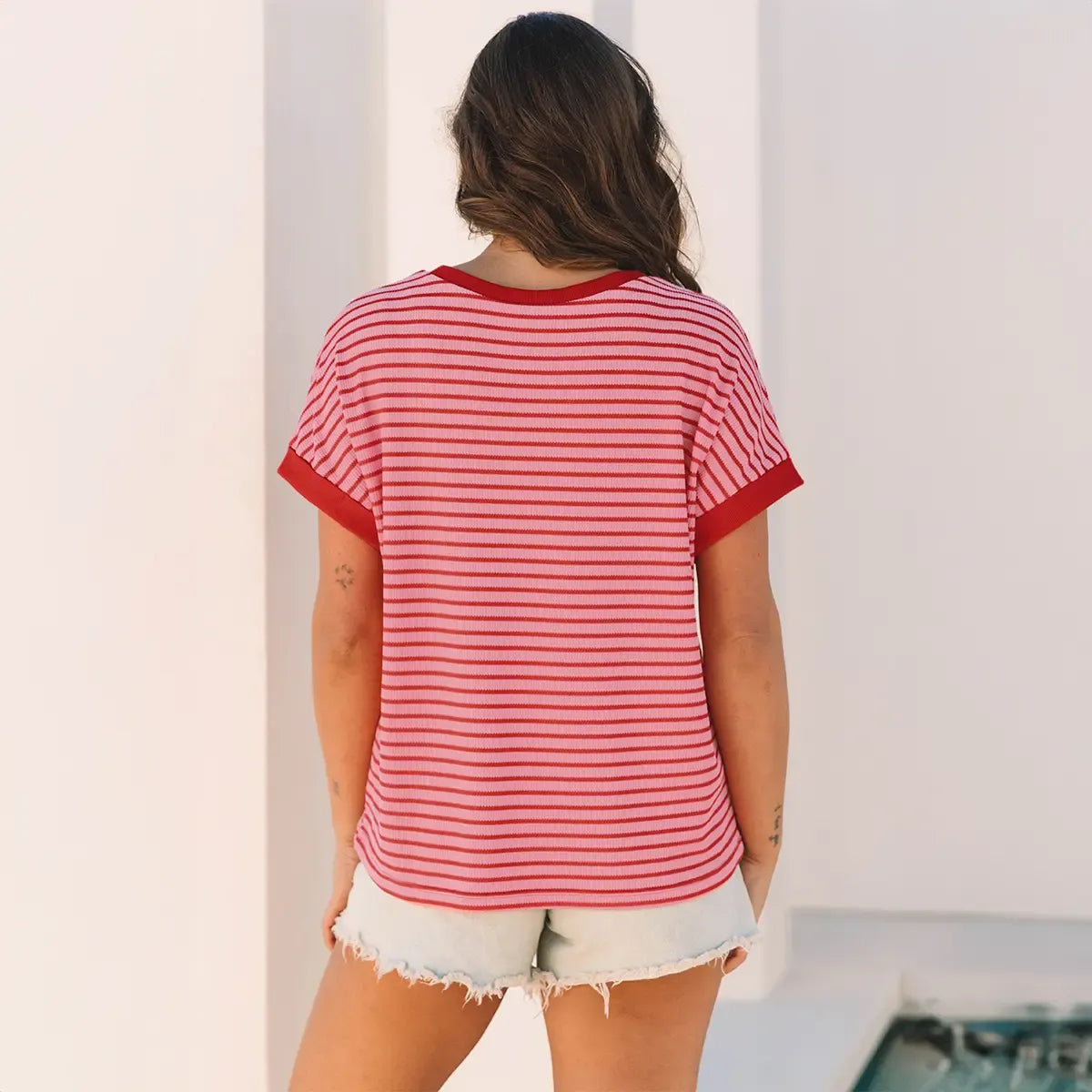 Women's Striped Ribbed Knitted Drop Shoulder Top