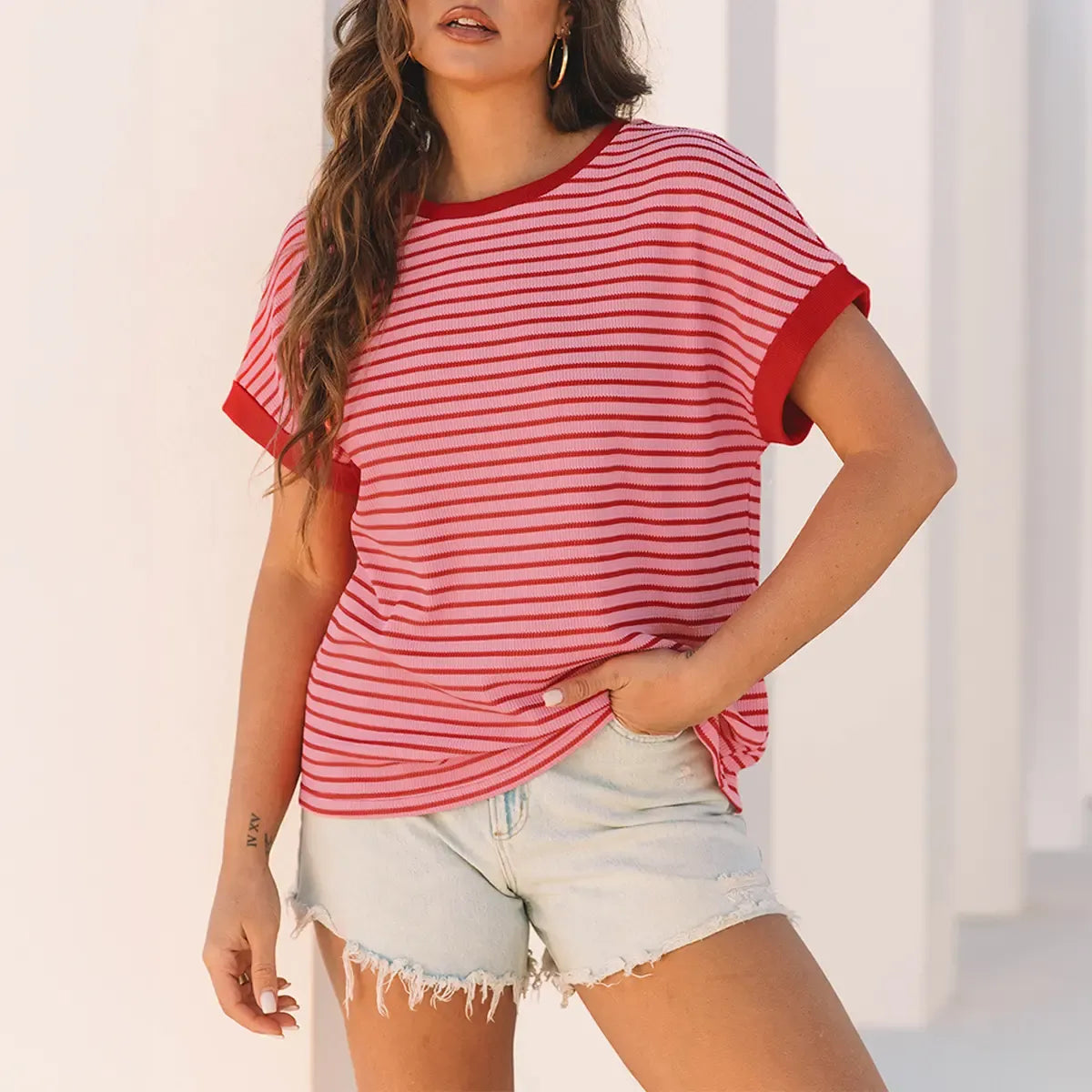 Women's Striped Ribbed Knitted Drop Shoulder Top