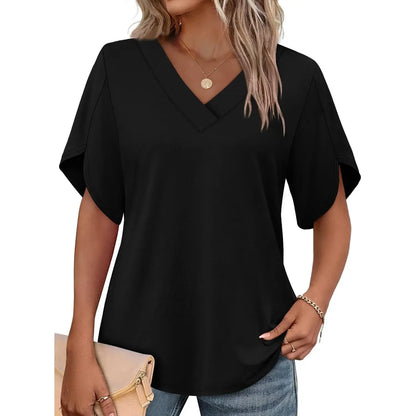 Women's Summer Short Petal Sleeve Fashion V Neck Outfits Tops