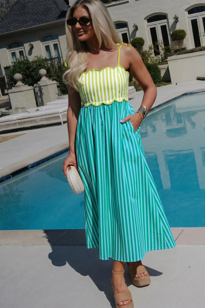 Stripe Scalloped Contrast Patchwork Knot Strap Midi Dress