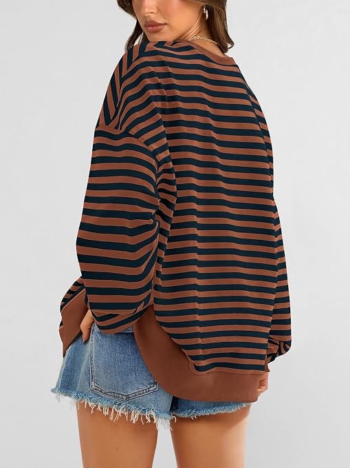 Womens Striped Oversized Sweatshirt Color Block Long Sleeve Top