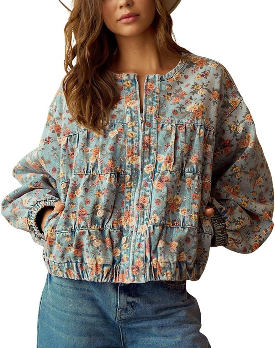Women Oversized Lightweight Floral Denim Bomber Jacket Coat