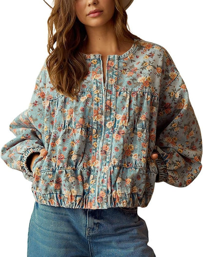 Women Oversized Lightweight Floral Denim Bomber Jacket Coat