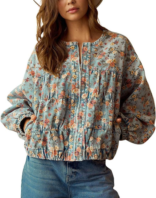 Women Oversized Lightweight Floral Denim Bomber Jacket Coat
